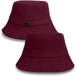A burgundy bucket hat with a classic wide brim and a decorative accent. The hat features a logo on the side.