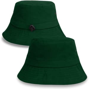 A dark green bucket hat featuring a logo, showcasing a simple and versatile design.