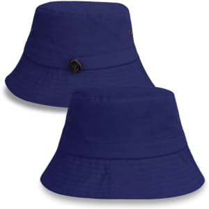A navy blue Explore Bucket Hat featuring a decorative logo and a classic wide brim design.