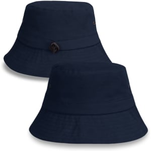 A navy blue bucket hat with a branded logo, featuring a wide brim and a simple design.