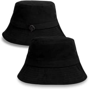 A black bucket hat featuring a textured design with a logo and subtle detailing on the band.