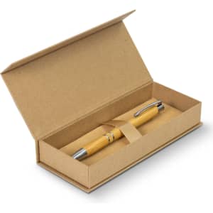 A kraft gift box containing a bamboo pen with silver accents, featuring an open cover. The box has a smooth finish.