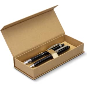 A kraft gift box containing two black pens with silver accents, featuring a simple logo on the lid.