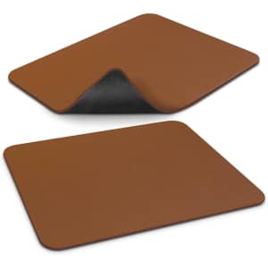 A leatherette mouse mat in brown with a textured surface and a non-slip backing. Features rounded corners.