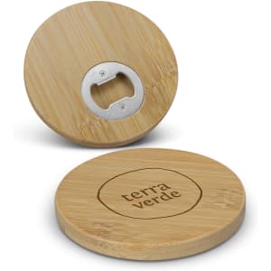 A round bamboo coaster featuring a bottle opener, with a natural wood finish and a logo engraved on the surface.