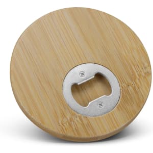 A round bamboo bottle opener coaster featuring a silver bottle opener in the centre.