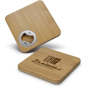A drink bottle opener coaster in square shape, made from light bamboo with a silver opener and a logo.