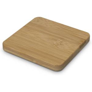 A drink bottle opener coaster in a natural bamboo finish, square-shaped with rounded edges. Features a logo.