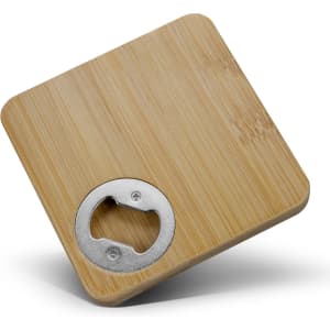 A drink bottle opener coaster in a square shape, featuring a bamboo finish and a metal bottle opener.