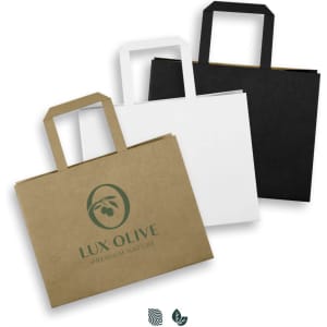 A set of medium flat handle paper bags in brown, white, and black, featuring a logo on each bag.