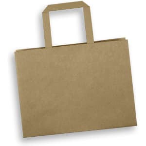 A medium flat handle paper bag in earthy brown. Features a simple, classic design with a handle.
