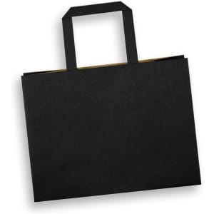 A medium flat handle paper bag in black with two handles and a simple, sleek design.