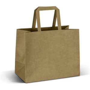 A medium flat handle paper bag in a natural brown colour with two sturdy handles. It features a logo but no text.