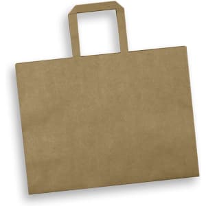 A large flat handle paper bag in a natural brown colour with a landscape orientation and a sturdy handle.