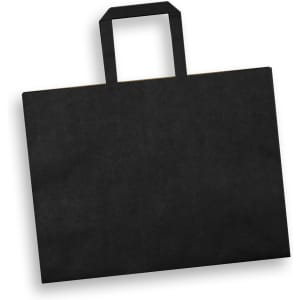 A large flat paper bag in black with a landscape orientation and a flat handle, featuring a logo.