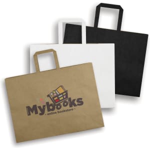 An assortment of extra-large flat handle paper bags in brown, white, and black, featuring a logo on one.