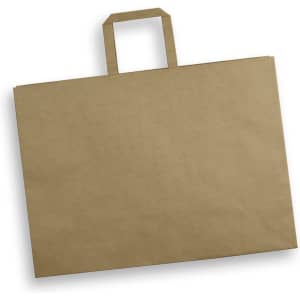 A large, brown flat handle paper bag with a sturdy handle, featuring a plain design and no visible logos.