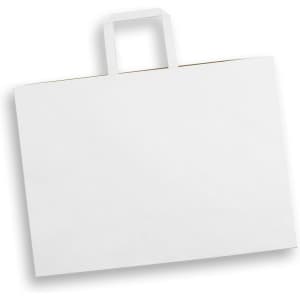 A flat, extra large white paper bag with a landscape orientation and a top handle. It has a logo on the front.