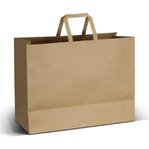 A large brown flat handle paper bag with two handles and a rectangular base. It features a simple design and branding.