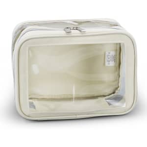 A cream cosmetic bag with transparent sides, featuring a zipper closure and a simple interior design.