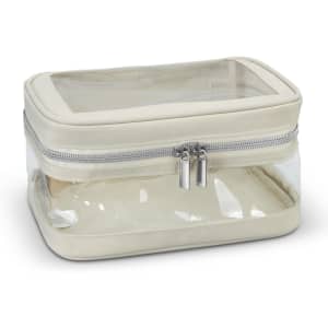 A cream cosmetic bag with a clear panel and zip closure, designed for storage and organisation.