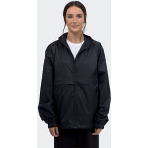 A black unisex windbreaker jacket with a hood, featuring elastic cuffs and a front zip.