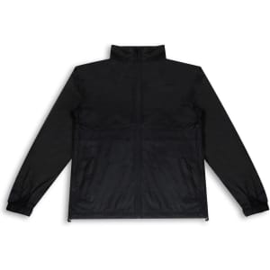 A black unisex windbreaker jacket featuring a zip front and two side pockets. It has a branding logo.