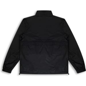 A black unisex windbreaker jacket with a collar and elastic cuffs, featuring a logo on the back.