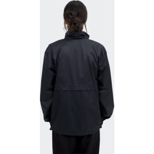 A black unisex windbreaker jacket with a relaxed fit and a logo on the back.