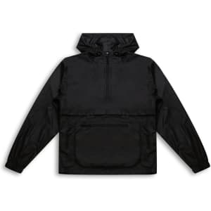 A black women's windbreaker jacket featuring a hood and a front pocket. It has a logo on the design.