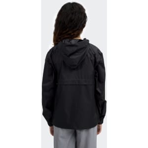 A black women's windbreaker jacket with a hood and long sleeves, featuring a logo on the back.