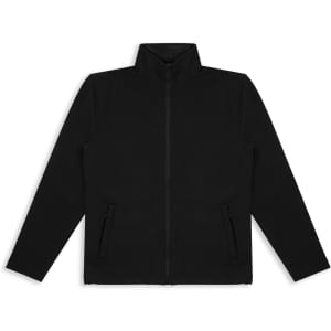 A black soft shell unisex jacket with a zip front and side pockets. Features a logo on the chest.