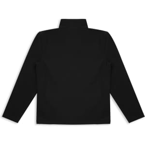A black unisex soft shell jacket featuring a high collar and long sleeves. The jacket has a logo branding.