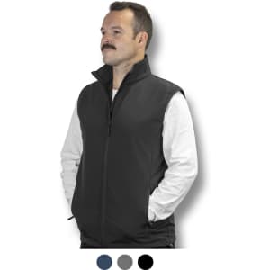 A man wearing a black vest with a high collar, featuring side pockets and a logo. Suitable for layering.
