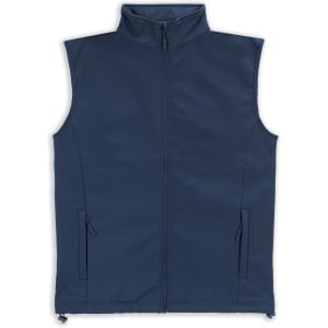 A navy blue vest with a high collar and zip closure, featuring two side pockets and a branding logo.
