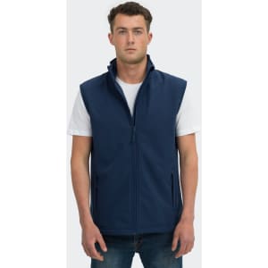 A navy blue men's vest with a zip front, standing model, featuring side pockets and a collar, with a logo.
