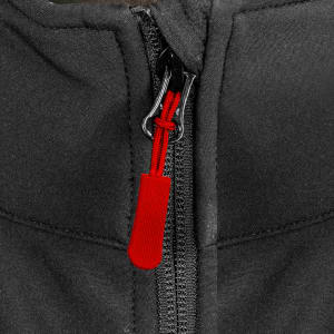 A black vest with a zip closure featuring a red zip pull tab and a logo on the fabric.