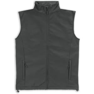 A grey vest with a high collar, featuring a zippered front and two side pockets. Includes a logo.