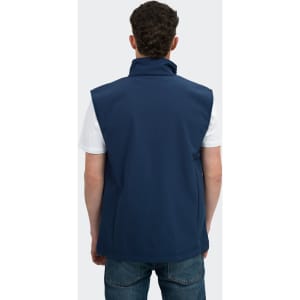 A navy men’s vest with a high collar, featuring a logo, viewed from the back on a model.
