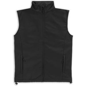 A black vest featuring a zip front and two side pockets, with a high collar and branding on the label.