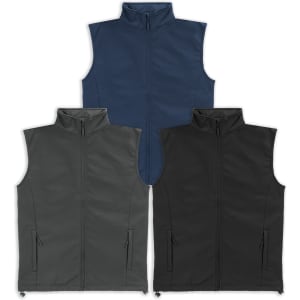 A collection of three men's vests in dark blue, charcoal grey, and black, featuring zippered fronts and side pockets.