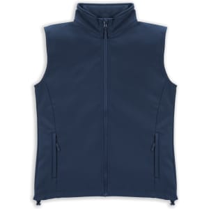 A navy blue women's vest featuring a high collar and side pockets. The design includes a front zip and has a logo.