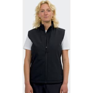 A woman wearing a black, sleeveless vest with a zip front and a logo on the left side.