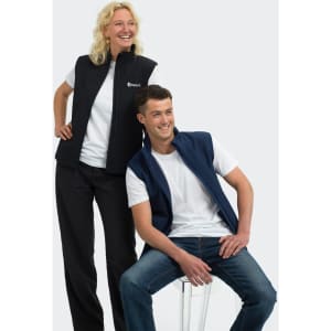 A black women's vest and a navy men's vest worn by models, featuring a logo on each vest.