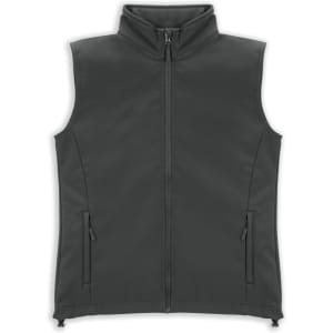 A dark grey women's vest with a high collar and two zippered side pockets. It features a logo on the design.