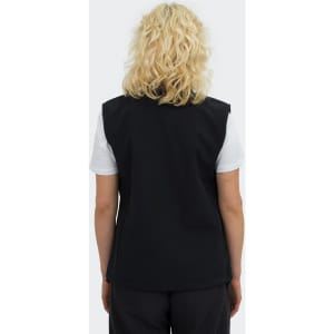 A black women's vest with a simple design, featuring a back view of a person wearing it.