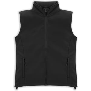 A black women's vest featuring a high collar, front zipper, and two side pockets. It has a logo on it.