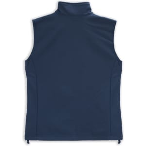 A navy women's vest with a high collar and no sleeves, featuring a sleek, smooth design and a subtle logo.