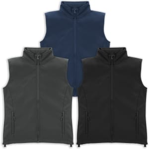 A collection of three women's vests in navy, grey, and black, featuring zip fronts and pockets. Each has a logo.