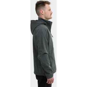 A soft shell jacket in dark grey, featuring a hood and a zippered front, displayed on a model from the side.